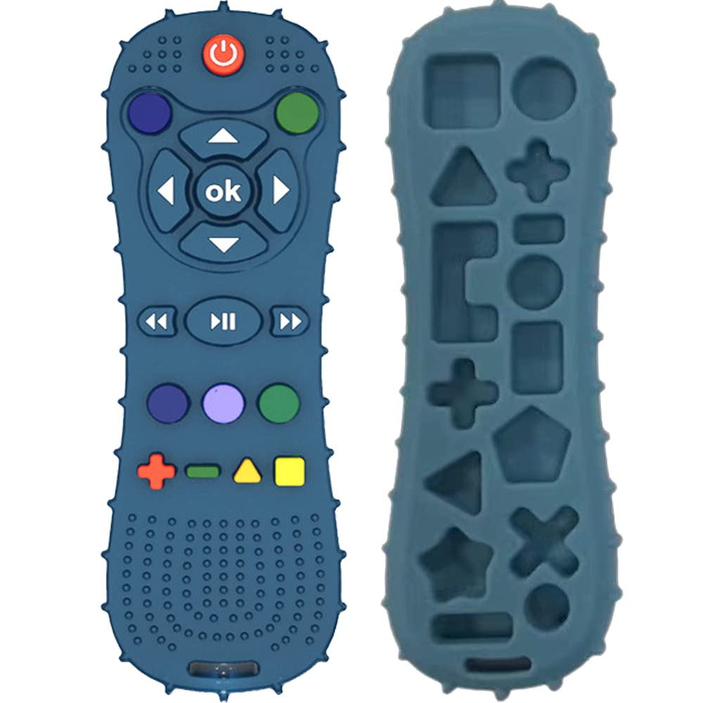 Nakital silicone blue baby remote teether shaped like TV remote with textured buttons and shape cavities