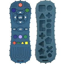 Blue remote-shaped silicone baby teether with button controls and textured gum-massage back