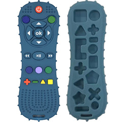 Nakital silicone blue baby remote teether shaped like TV remote with textured buttons and shape cavities
