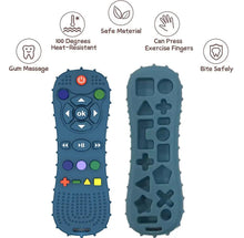 Blue remote-shaped silicone teether with textured bumps and molded chew sections
