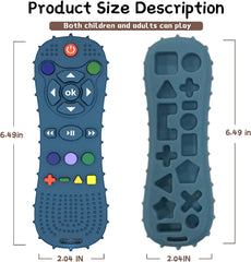 Nakital blue silicone baby remote teether showing front button details and back shape sorter cutouts with dimensions