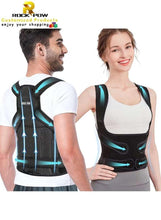 Back posture corrector worn by model, black back brace with turquoise trim and straps