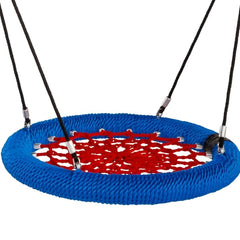 Huitich backyard hanging rope swing seat with blue outer ring and red netted center for playground fun