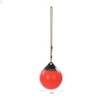 Red and black rope ball hanging swing seat with looped rope and metal hanger
