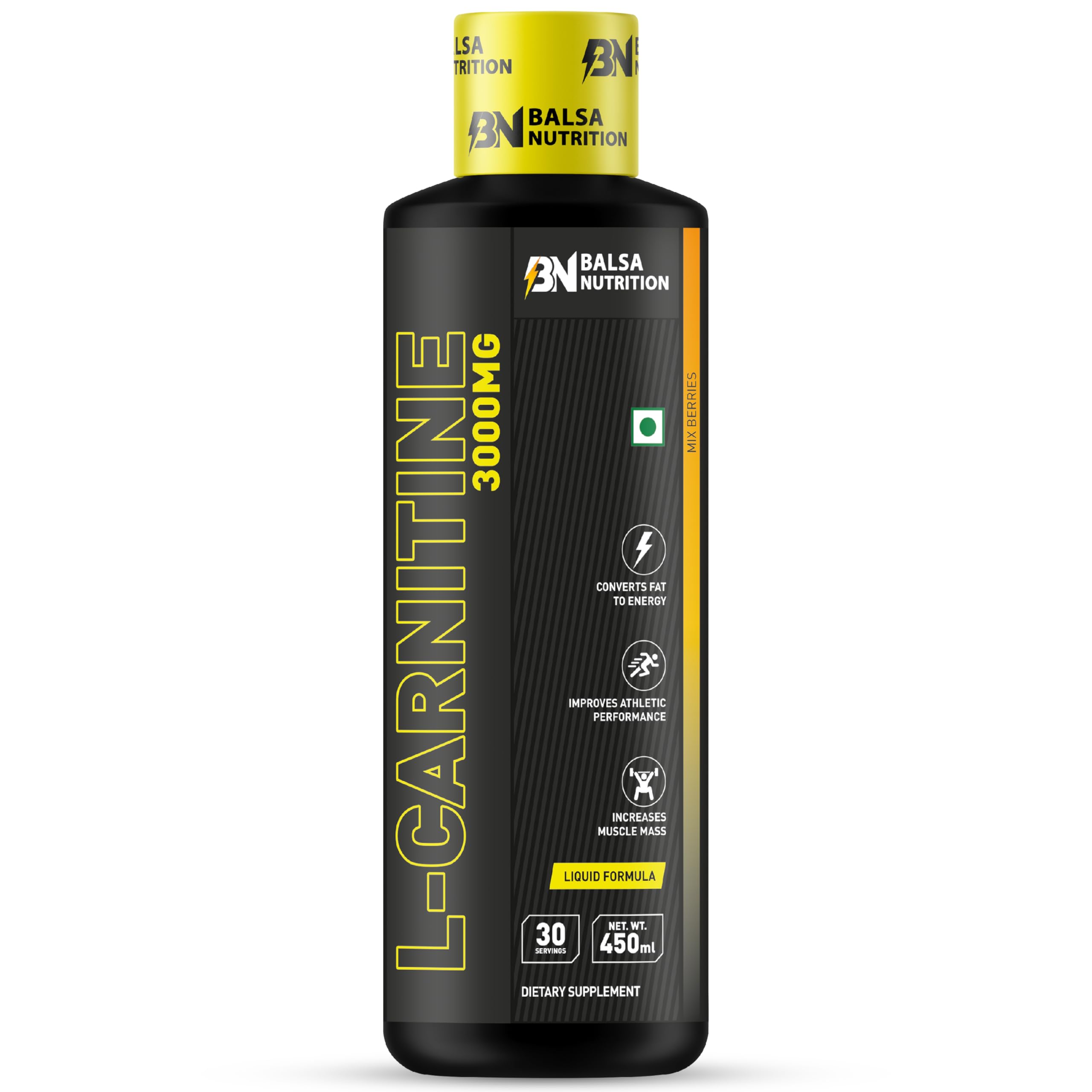 Balsa Nutrition L-Carnitine 3000mg liquid supplement bottle 450 ml black and yellow label 30 servings