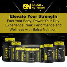 Balsa Nutrition supplement bottles lineup, black and yellow containers