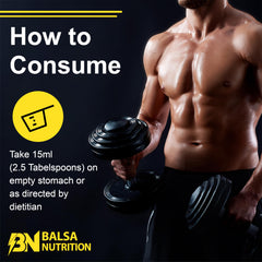 Balsa Nutrition L-Carnitine 3000mg usage image of shirtless man holding dumbbells with consumption instructions