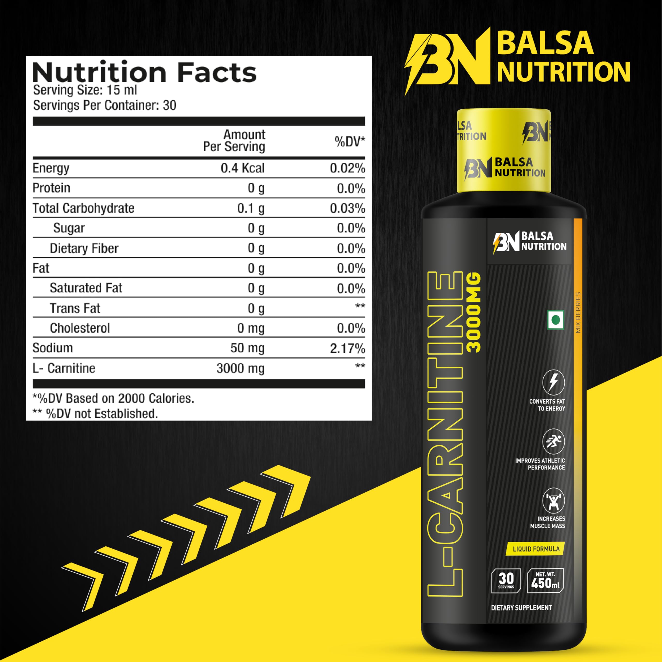 Balsa Nutrition L-Carnitine 3000mg black and yellow liquid supplement bottle with nutrition facts panel