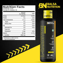 Balsa Nutrition L-Carnitine 3000 mg nutrition facts with black supplement bottle