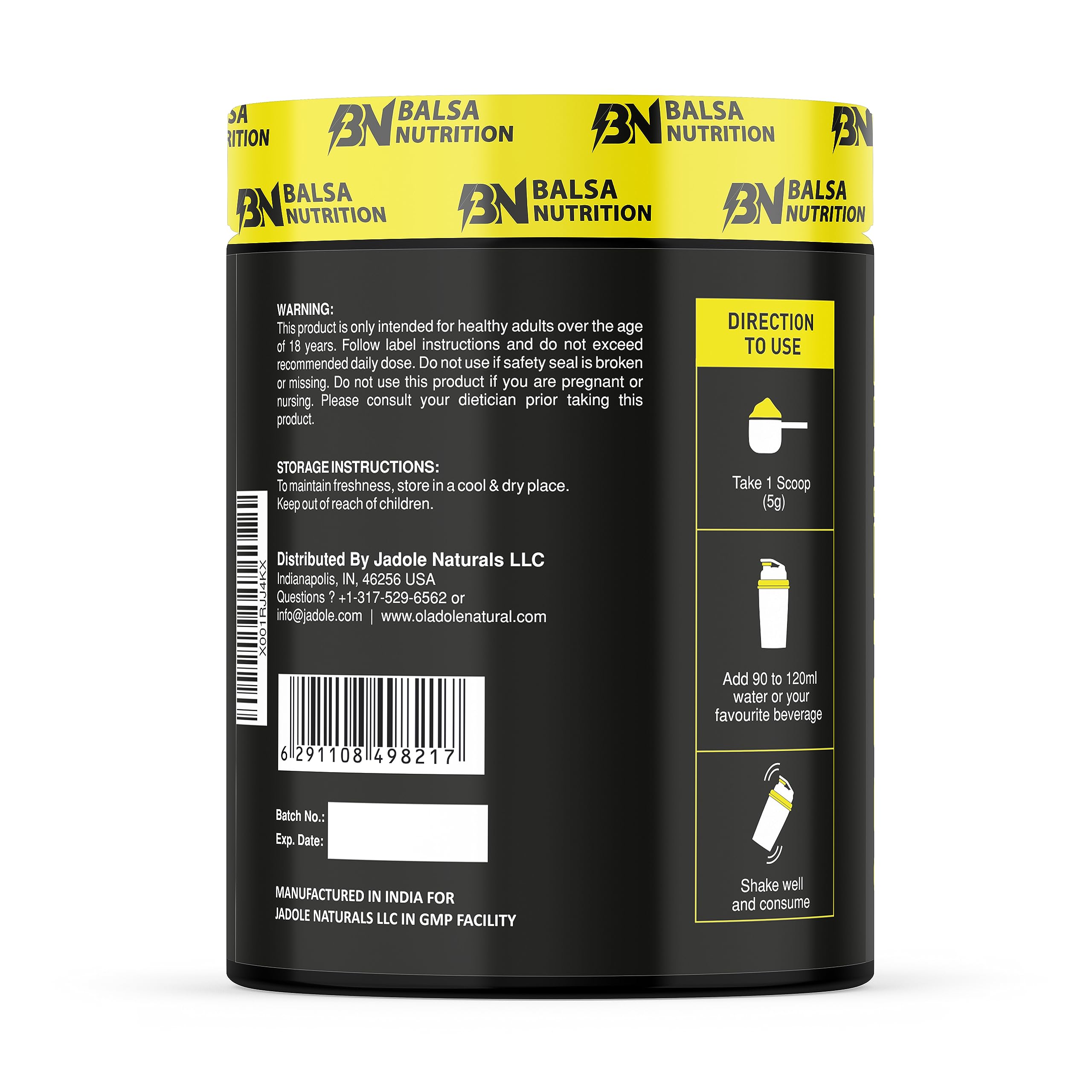 Black and yellow Balsa Nutrition tub showing back label and directions for use for creatine monohydrate powder UAE