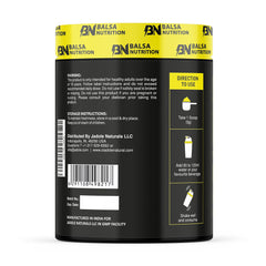 Black and yellow Balsa Nutrition tub showing back label and directions for use for creatine monohydrate powder UAE