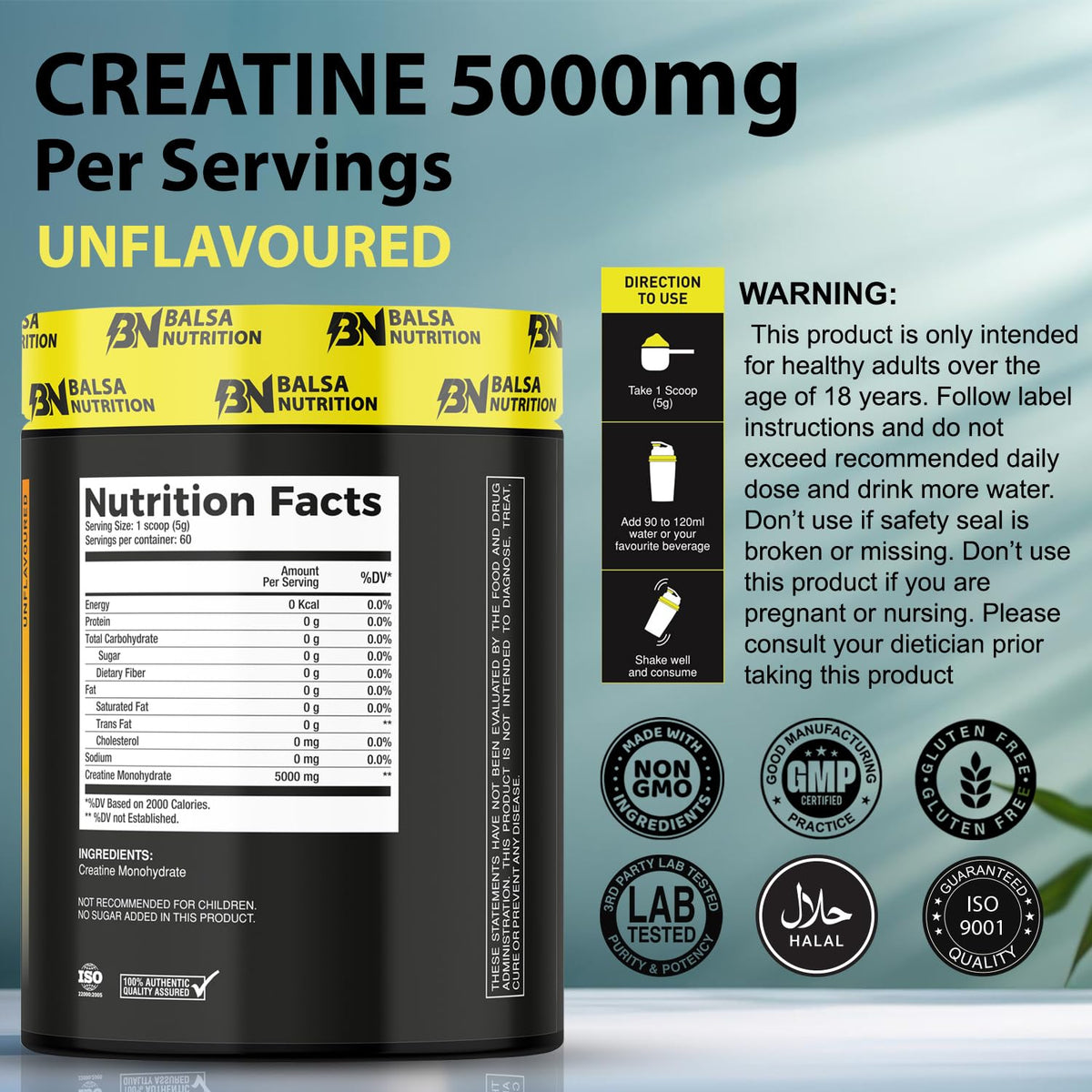 Balsa Nutrition unflavoured creatine 5000mg tub nutrition facts warnings and certifications creatine monohydrate powder UAE