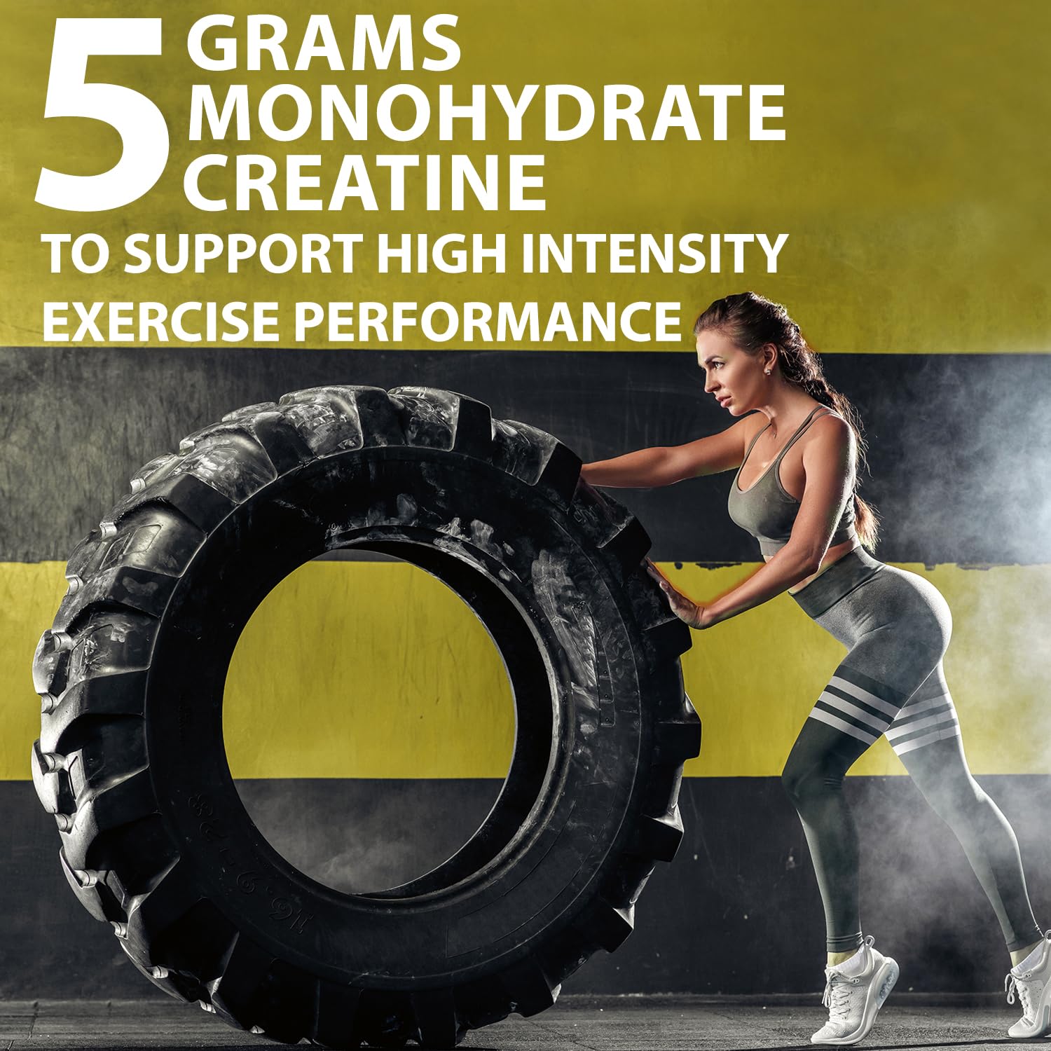 Balsa Nutrition creatine monohydrate powder UAE showing athletic woman flipping large tire in gym for high intensity training
