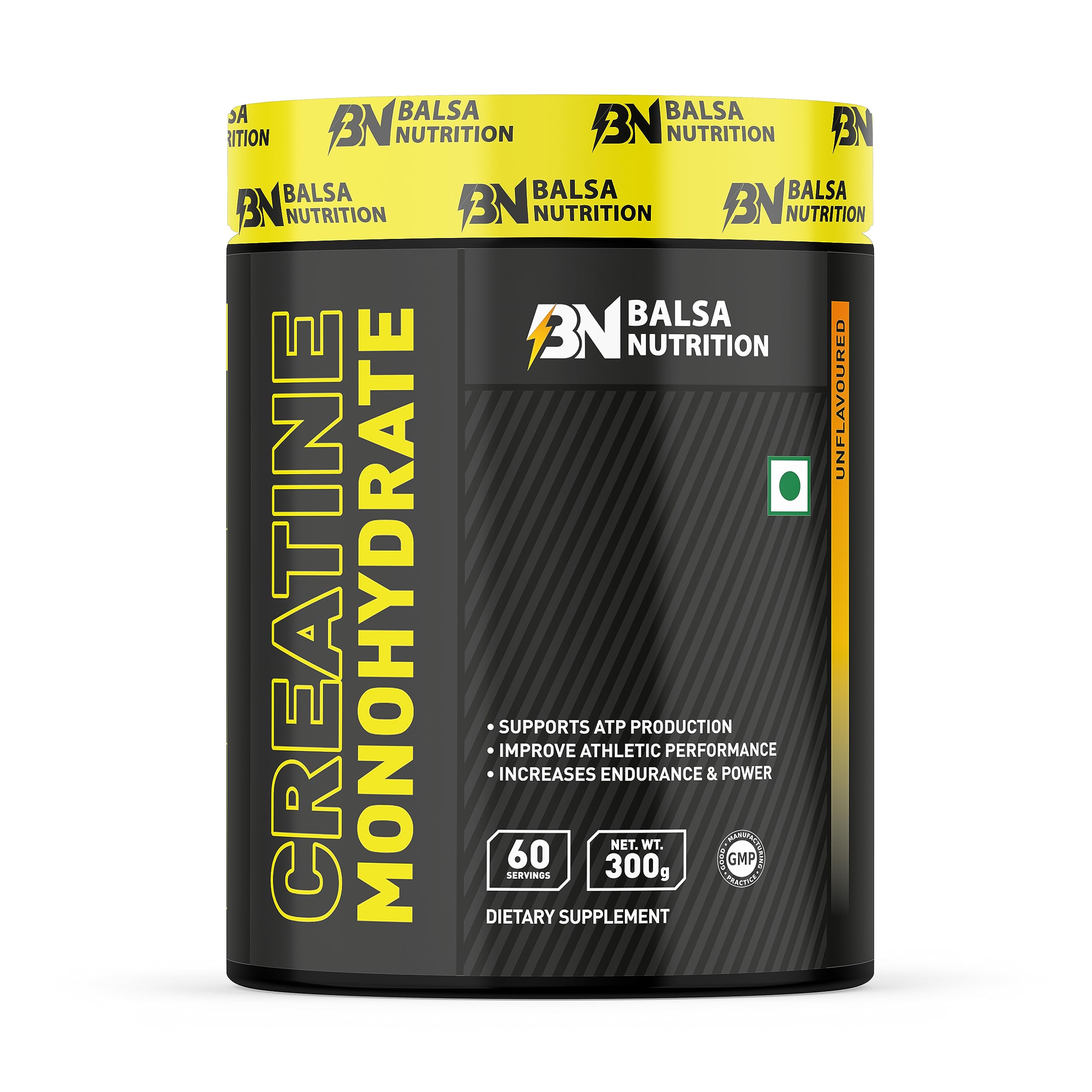 Balsa Nutrition creatine monohydrate powder UAE 300g black and yellow tub 60 servings unflavored