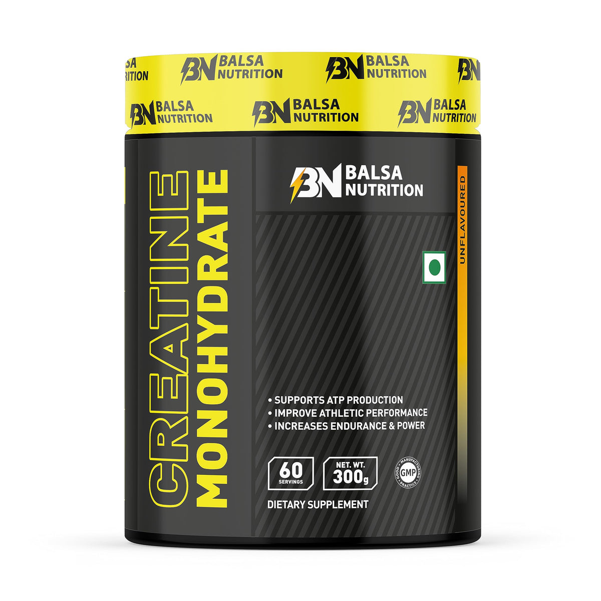 Balsa Nutrition creatine monohydrate powder UAE 300g black and yellow tub 60 servings unflavored