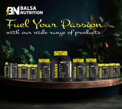 Balsa Nutrition tubs of protein gainer and powders displayed on wood table with logo creatine monohydrate powder UAE