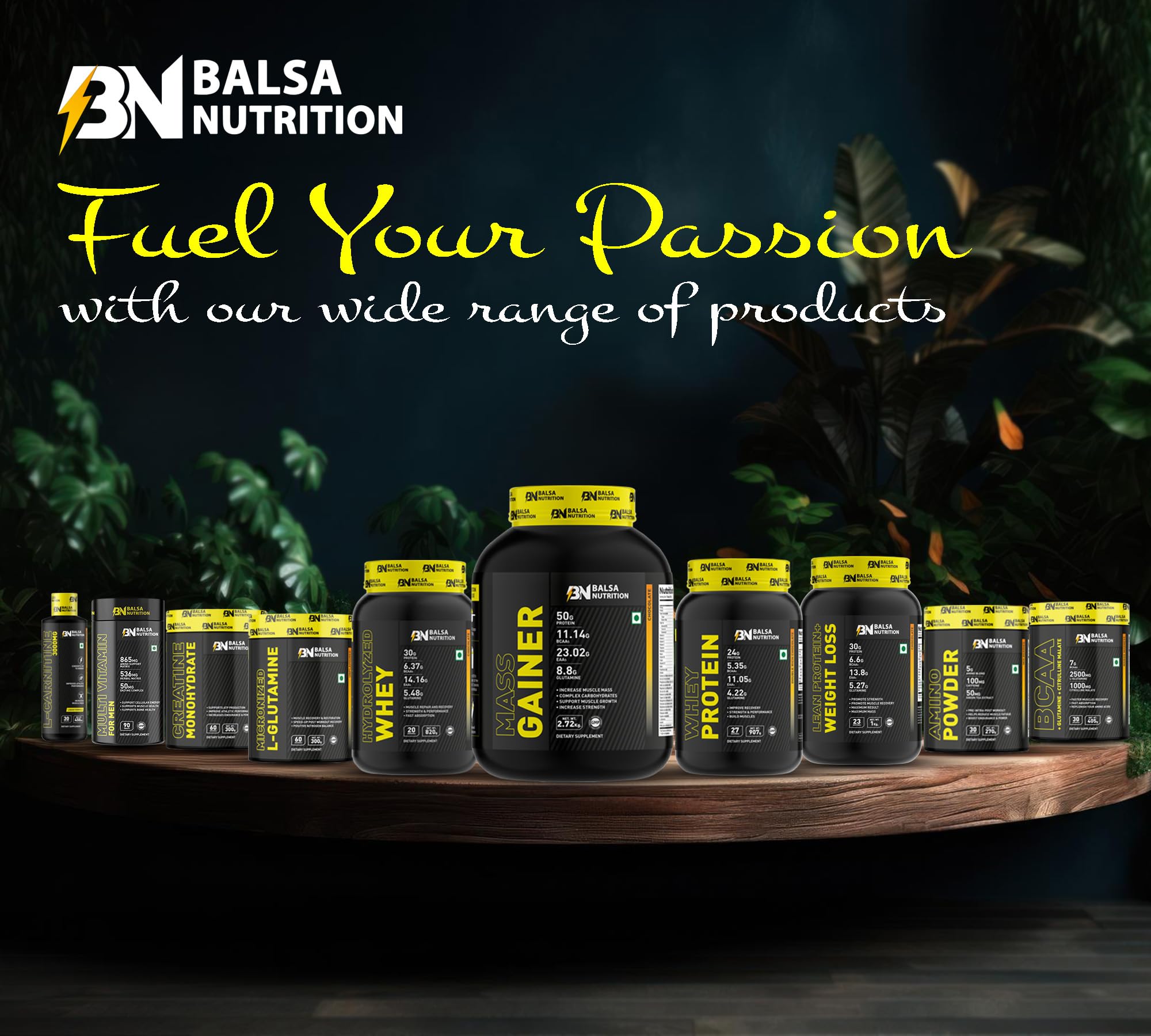Balsa Nutrition tubs of protein gainer and powders displayed on wood table with logo creatine monohydrate powder UAE