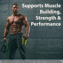 Creatine monohydrate powder tub held in one hand, with athlete promo