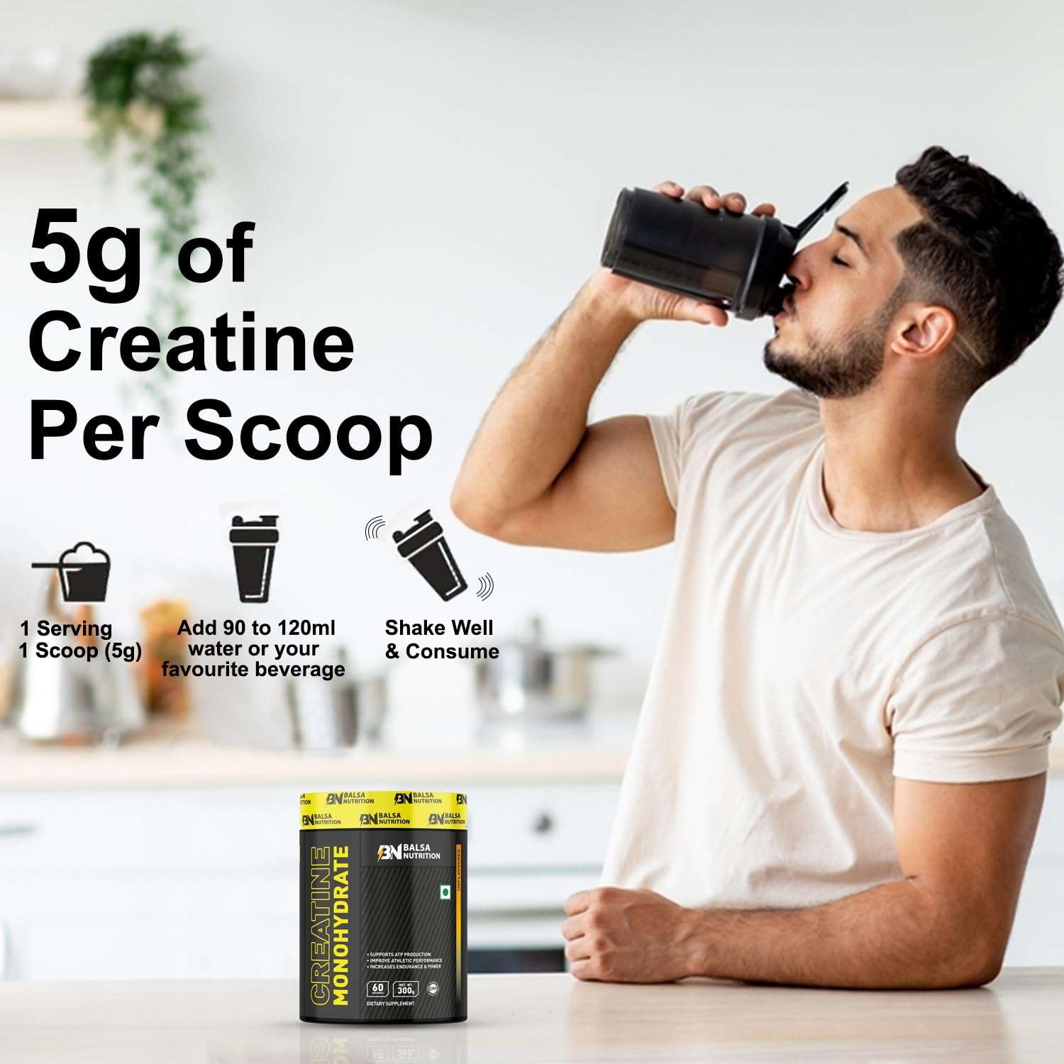 Balsa Nutrition creatine monohydrate powder UAE tub with man drinking shaker and usage text