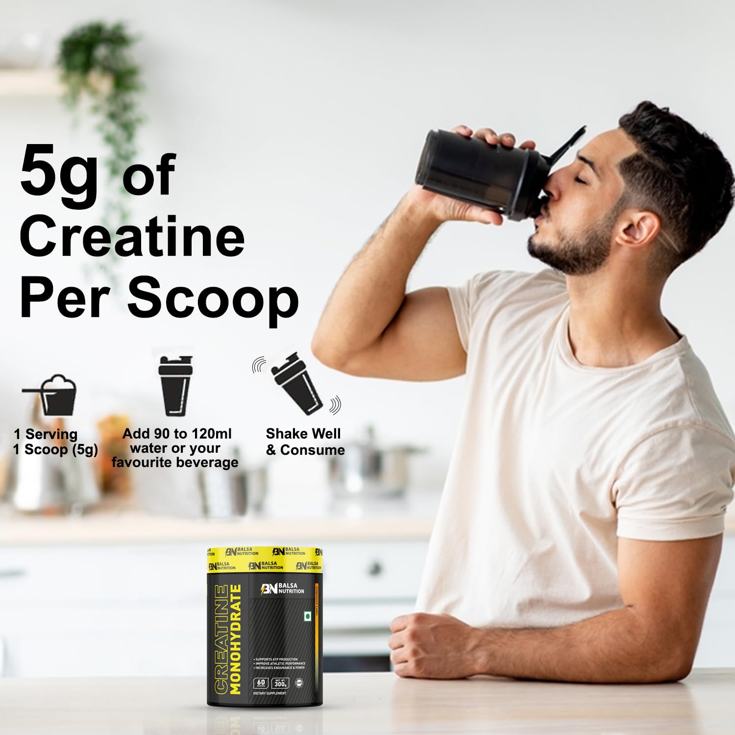 Balsa Nutrition creatine monohydrate powder UAE tub with man drinking shaker and usage text