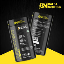 Balsa Nutrition men's multivitamin bottle back label, black with yellow “Multivitamin for Men”