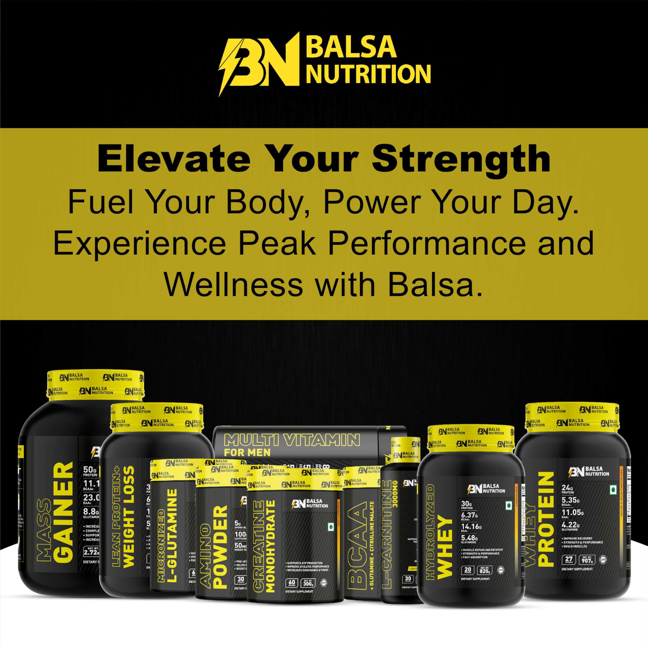 Balsa Nutrition black yellow supplement lineup featuring men's multivitamin supplement UAE with whey protein and gainer