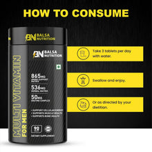 Balsa Nutrition multivitamin bottle with “How to consume” text panel, black and yellow