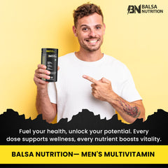 Smiling man holding Balsa Nutrition bottle pointing to men's multivitamin supplement UAE on yellow background