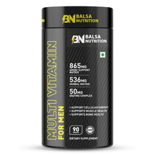 Balsa Nutrition men's multivitamin bottle, black with yellow “Multivitamin for Men” label