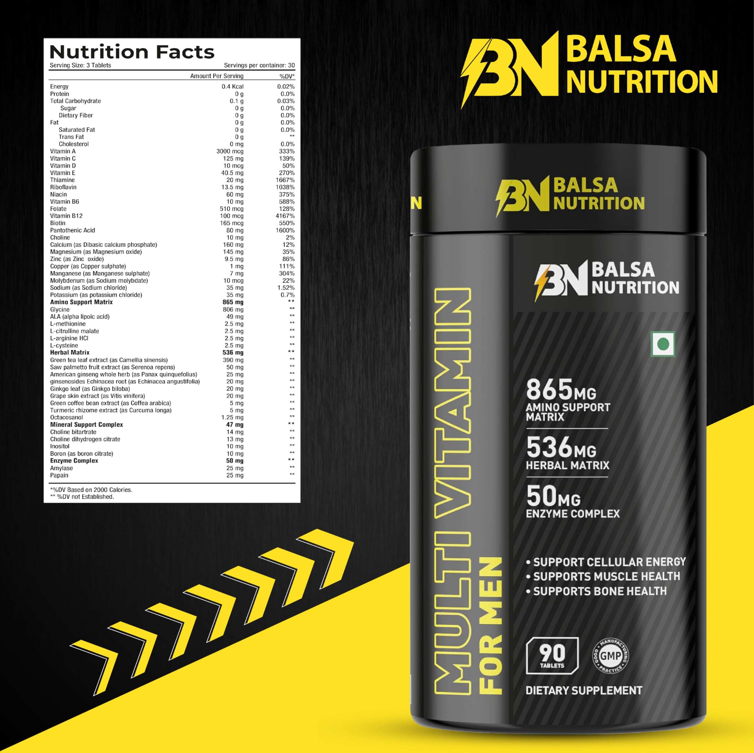Balsa Nutrition black and yellow bottle of Multi Vitamin for Men beside nutrition facts panel men's multivitamin supplement UAE