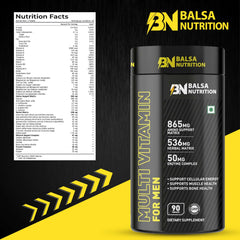Balsa Nutrition black and yellow bottle of Multi Vitamin for Men beside nutrition facts panel men's multivitamin supplement UAE