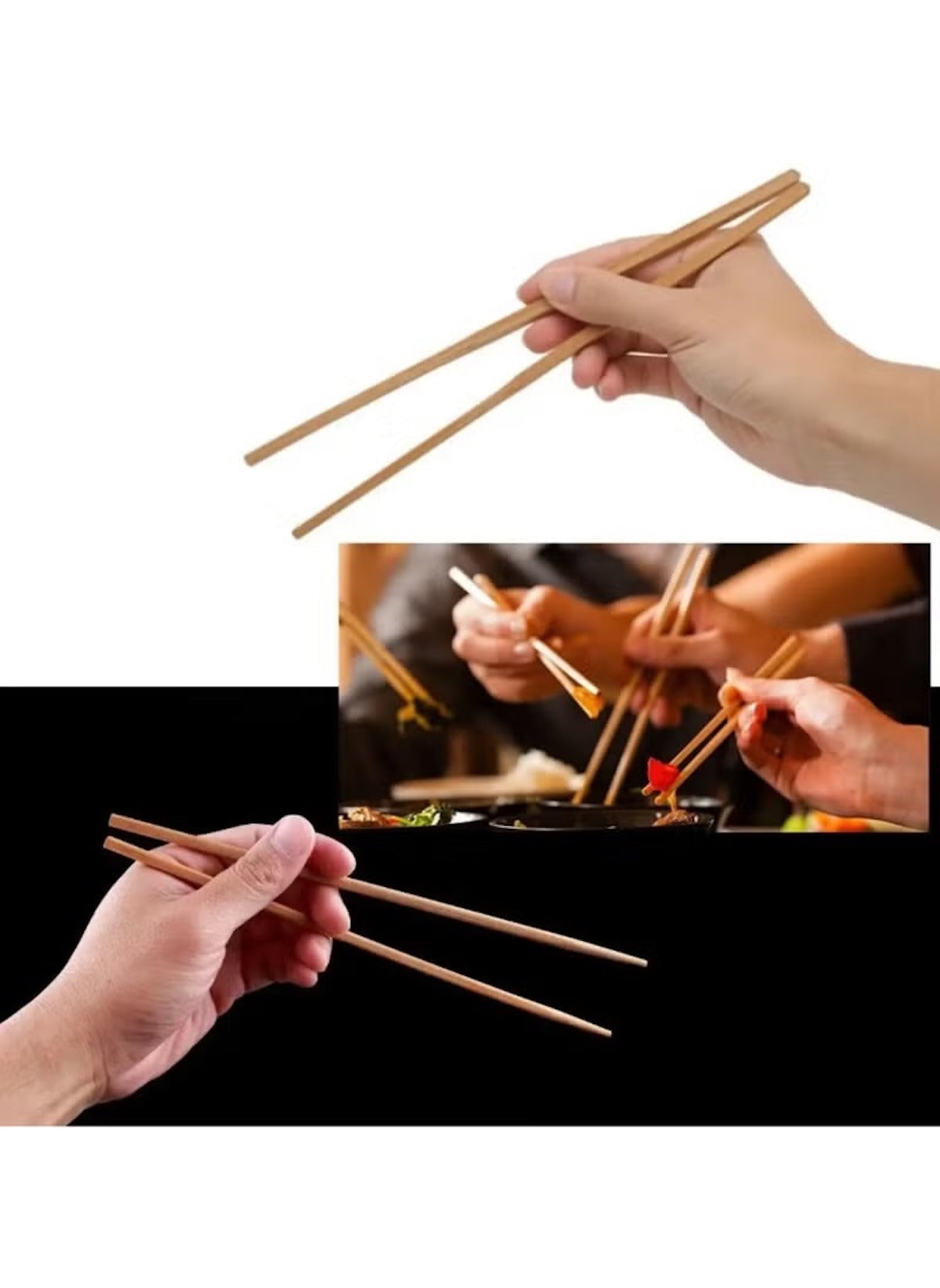 Huitich bamboo chopsticks reusable set shown being held and used for eating various dishes