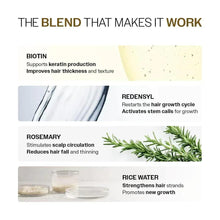 Hair growth serum blend panel with biotin, redensyl, rosemary, and rice water