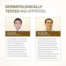 Hair growth serum testimonial panel with dermatologist profile cards