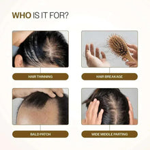 Hair growth serum info panel with icons for thinning, breakage, bald patch