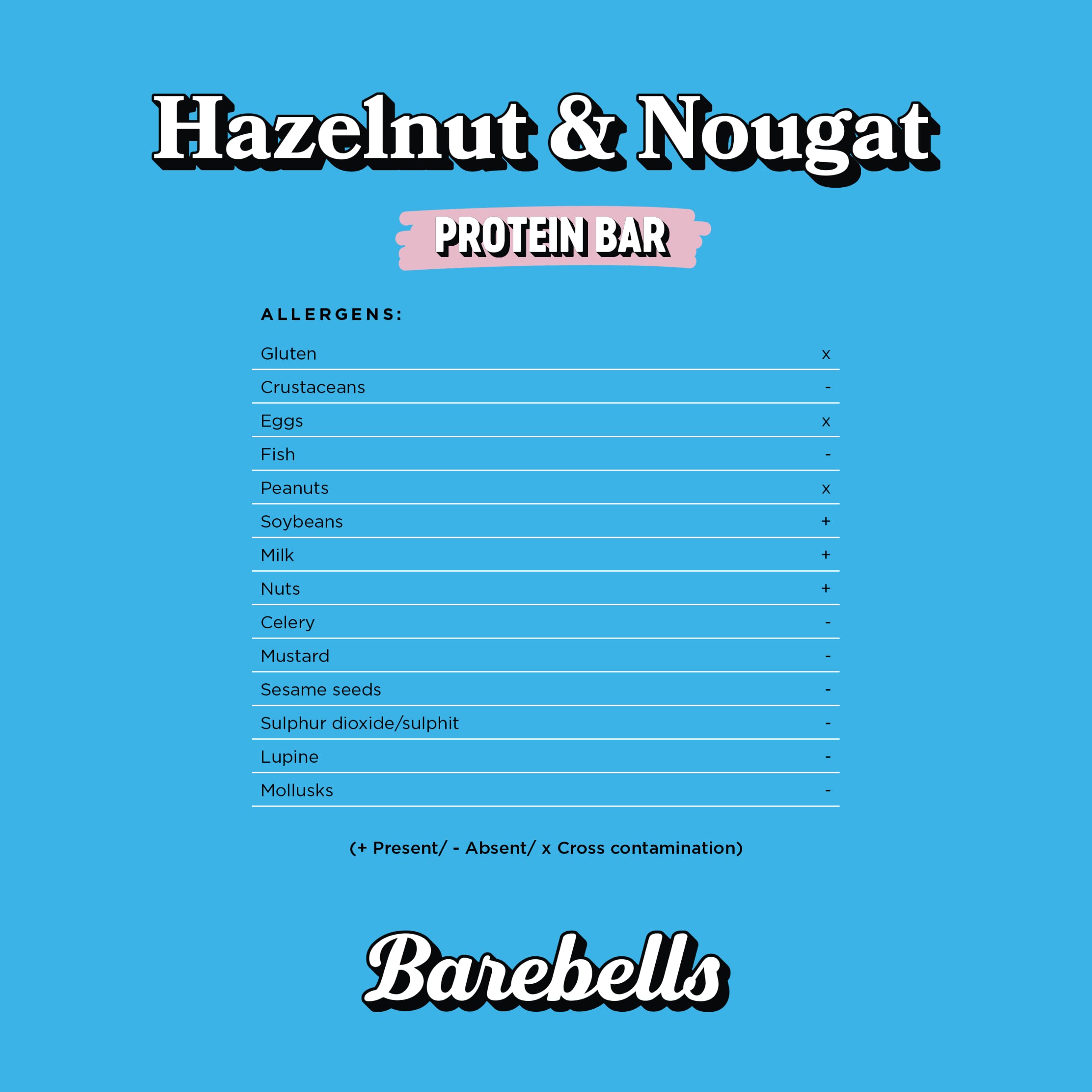 Blue packaging with Hazelnut and Nougat protein bar label allergen table and Barebells logo Barebells hazelnut nougat protein bar UAE