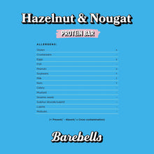 Hazelnut & nougat protein bar allergen information panel with Barebells logo