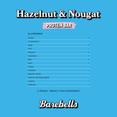 Blue packaging with Hazelnut and Nougat protein bar label allergen table and Barebells logo Barebells hazelnut nougat protein bar UAE