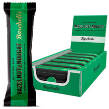 Hazelnut & nougat protein bar with Barebells branding, with open box and wrapper