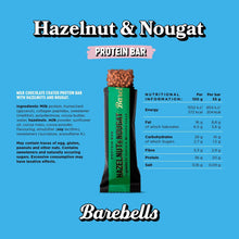 Hazelnut & nougat protein bar nutrition facts panel with bar and Barebells