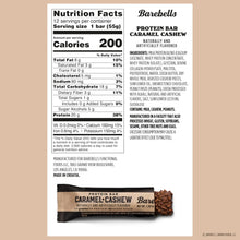 Caramel cashew protein bar nutrition facts panel and product wrapper front