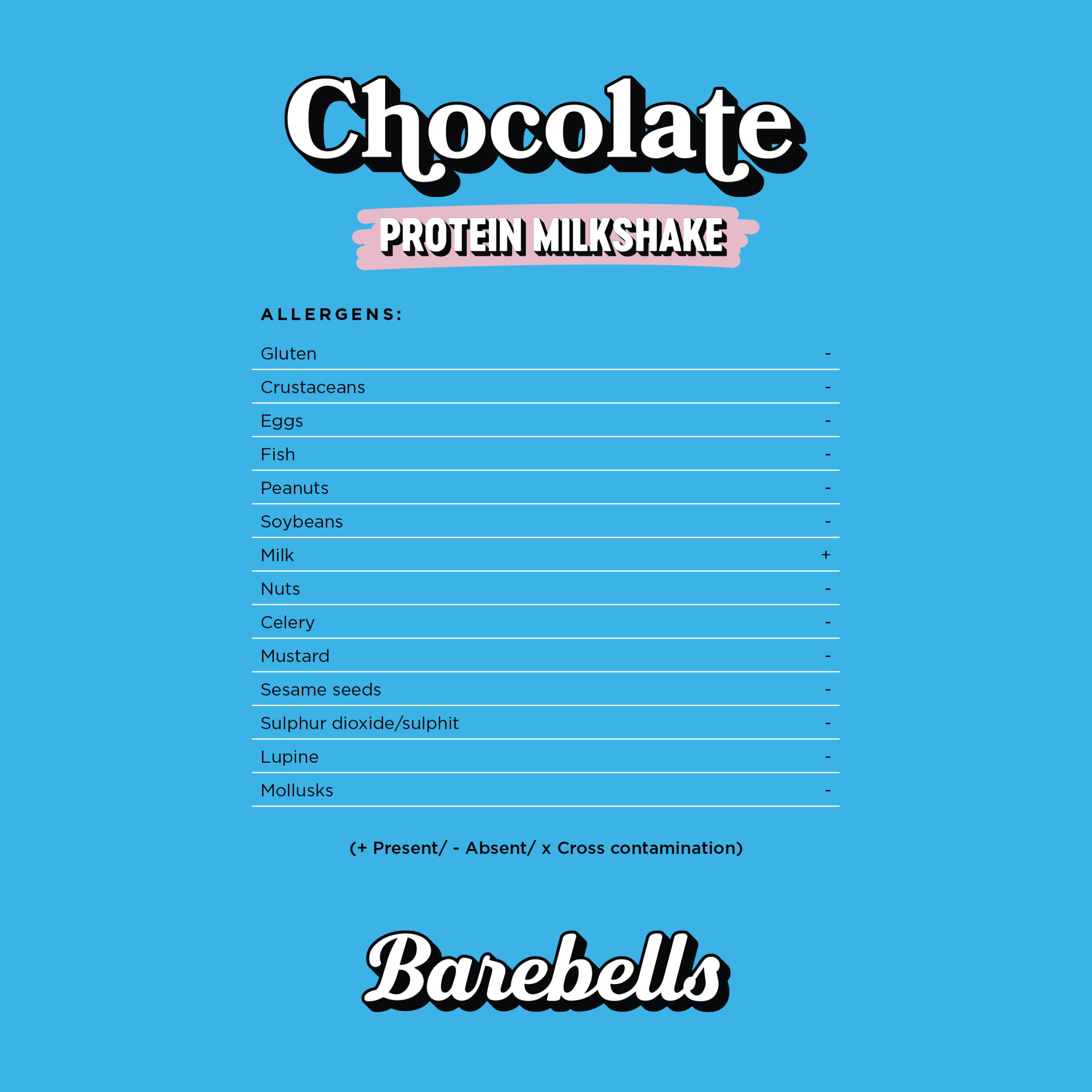 Barebells protein milkshake UAE chocolate label with allergens list on blue background and Barebells logo