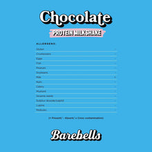 Chocolate protein milkshake back label with allergen list and Barebells branding