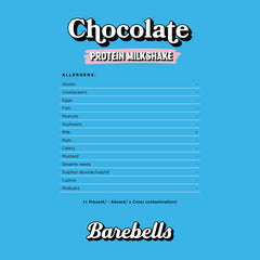 Barebells protein milkshake UAE chocolate label with allergens list on blue background and Barebells logo