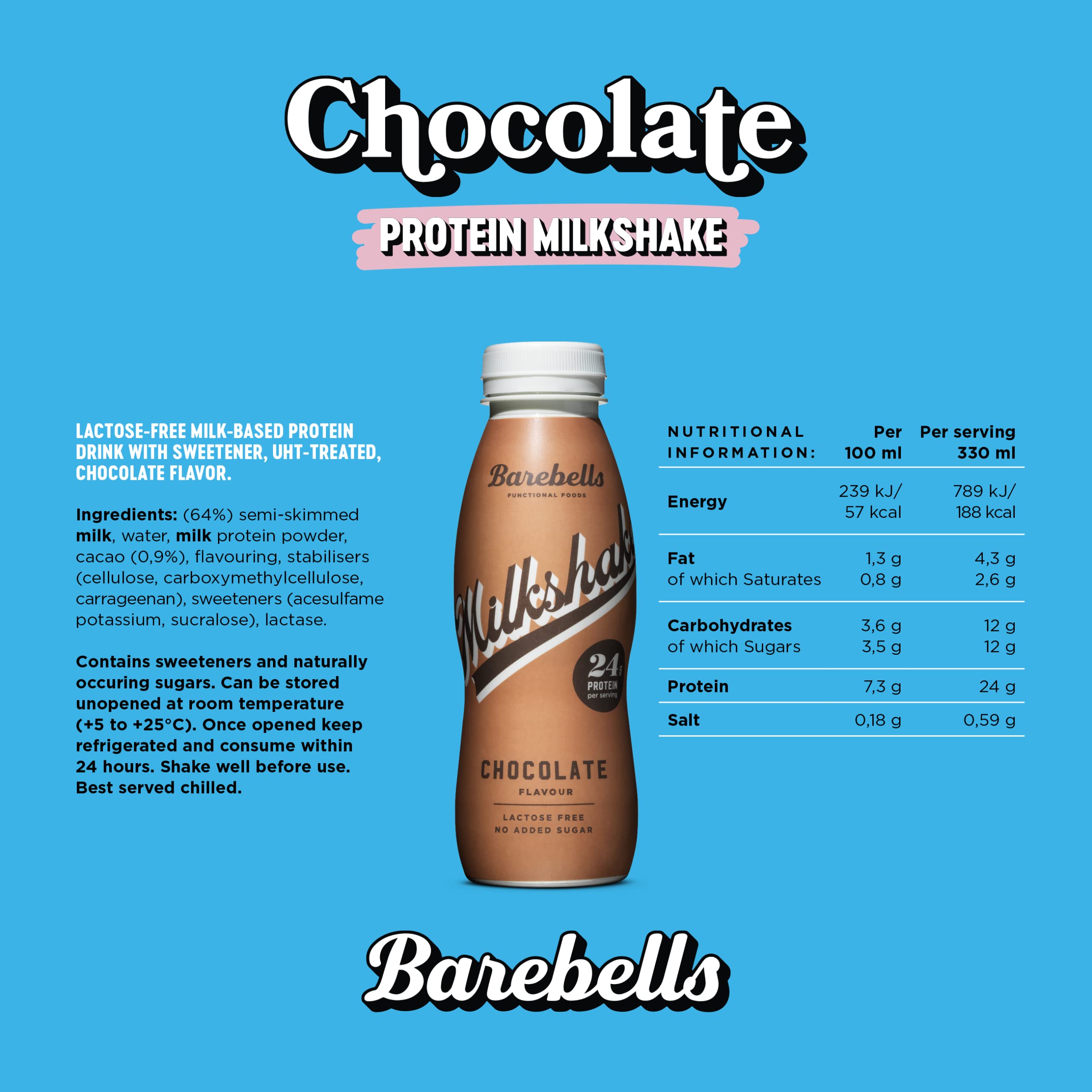 Barebells protein milkshake UAE chocolate bottle on blue background with nutrition facts and logo