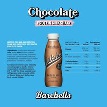Chocolate protein milkshake bottle with nutrition panel and Barebells logo