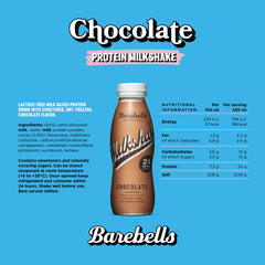 Barebells protein milkshake UAE chocolate bottle on blue background with nutrition facts and logo