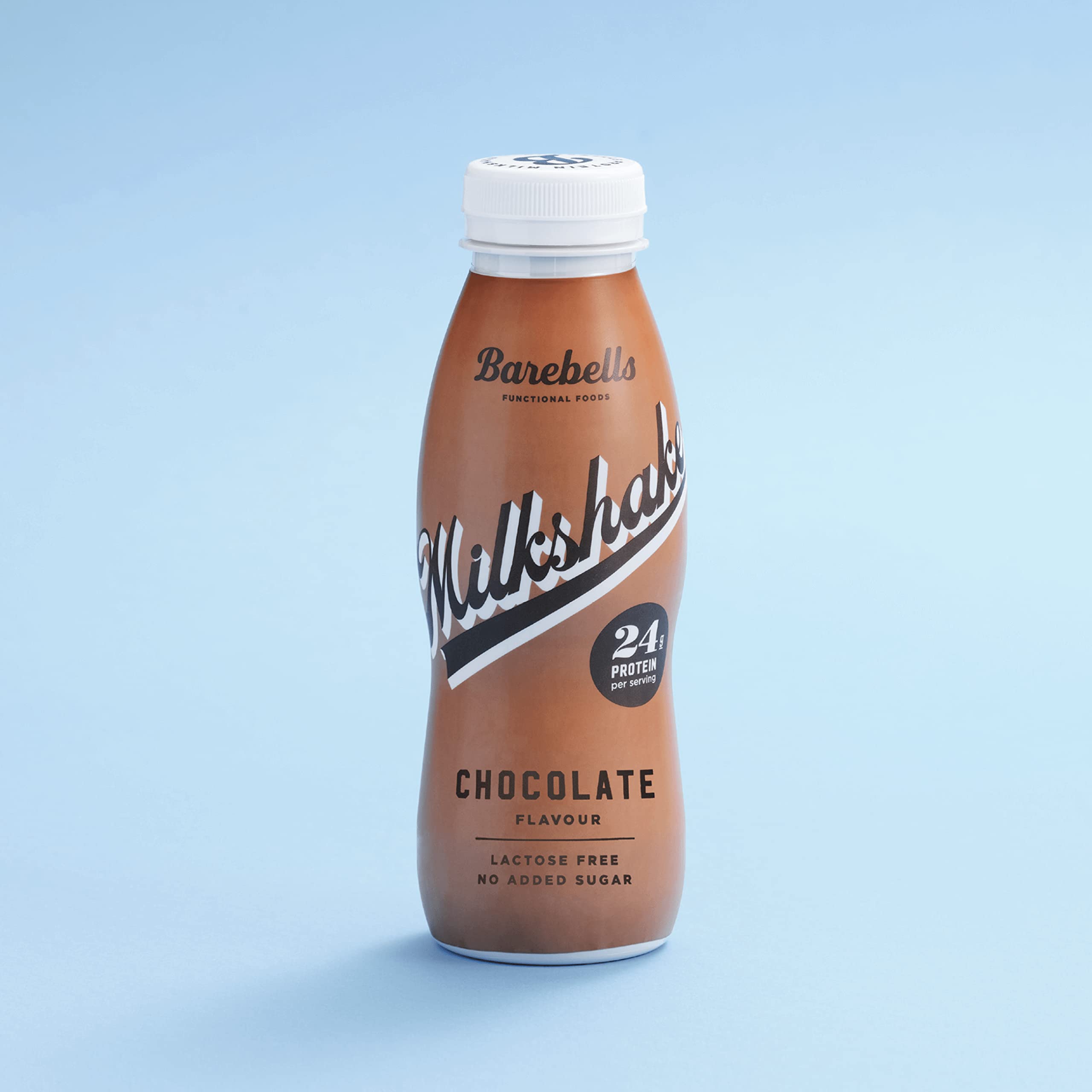 Barebells protein milkshake UAE chocolate flavor bottle with 24g protein lactose free no added sugar on blue background