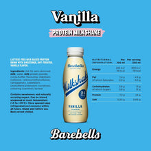 Vanilla protein milkshake bottle back label with nutrition information and ingredients