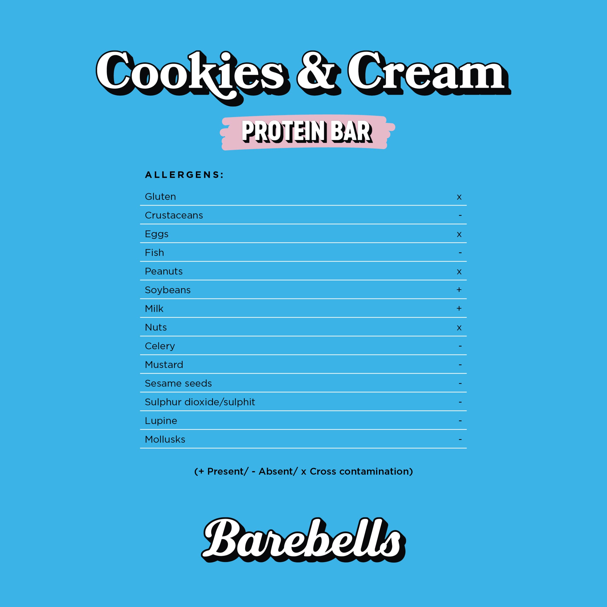 Barebells high protein cookies and cream bar blue packaging showing Cookies and Cream logo and allergen chart
